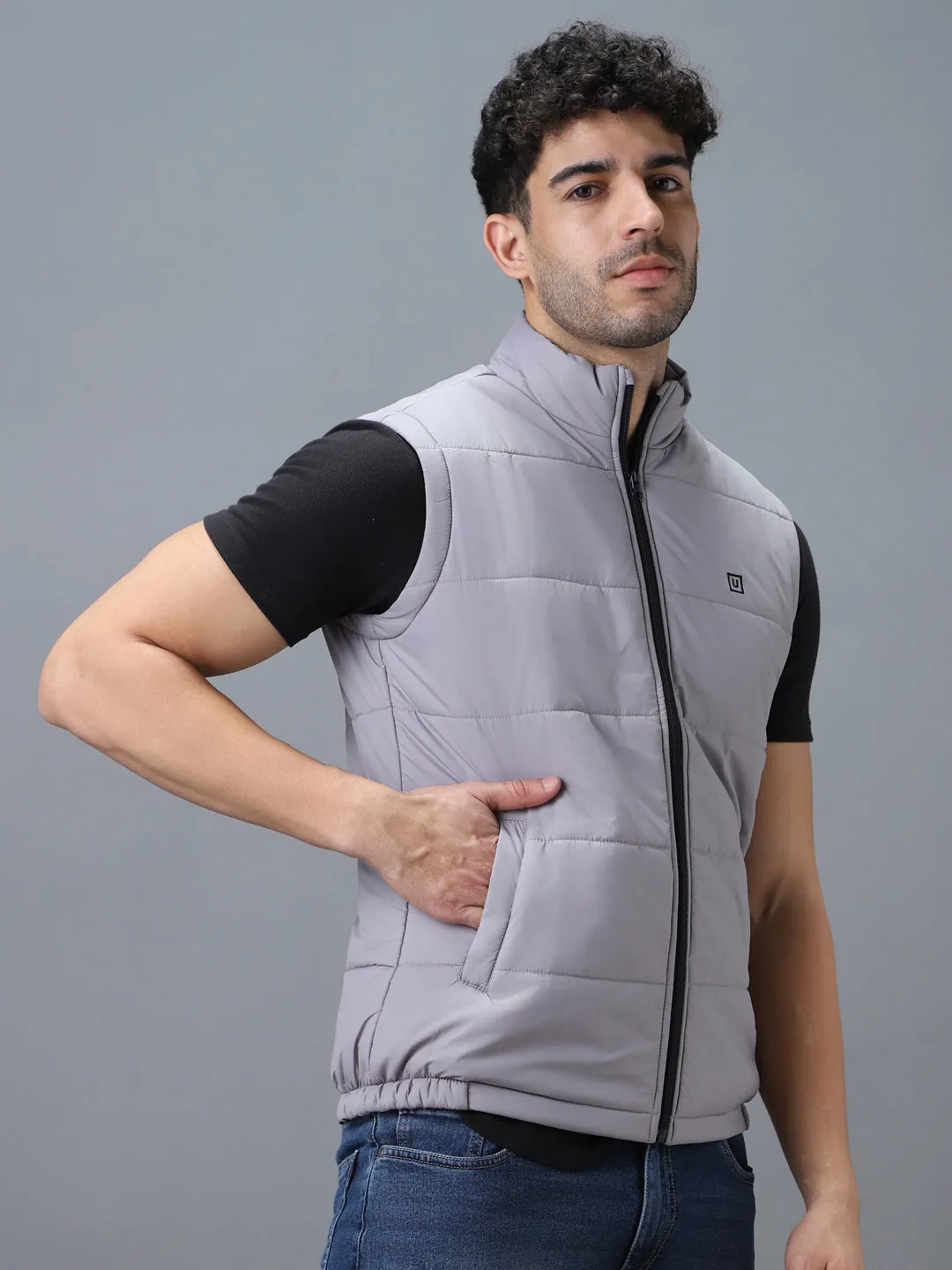 Men's Light Grey Sleeveless Zippered Puffer Jacket