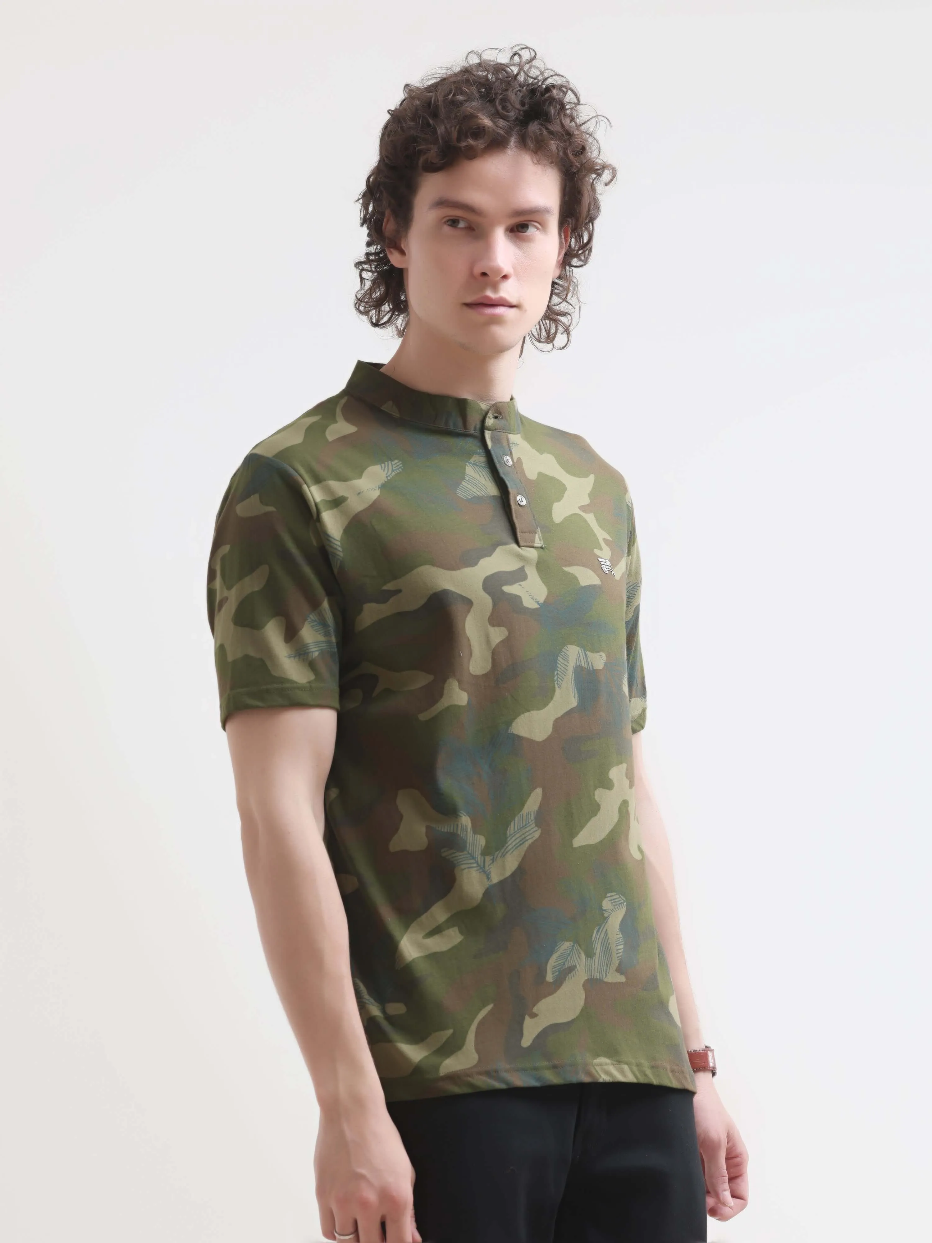 Military camouflage green henley tshirt