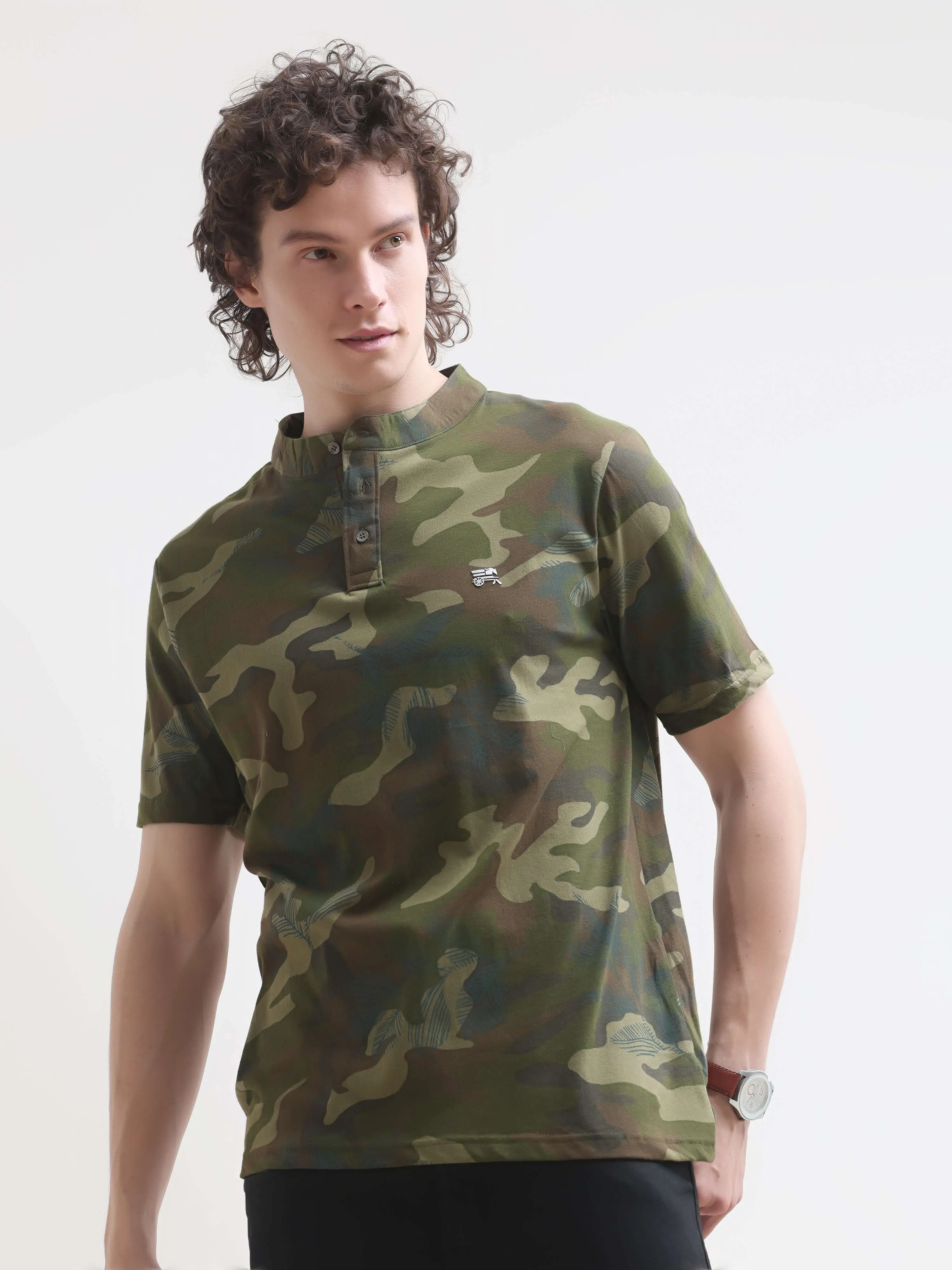 Military camouflage green henley tshirt