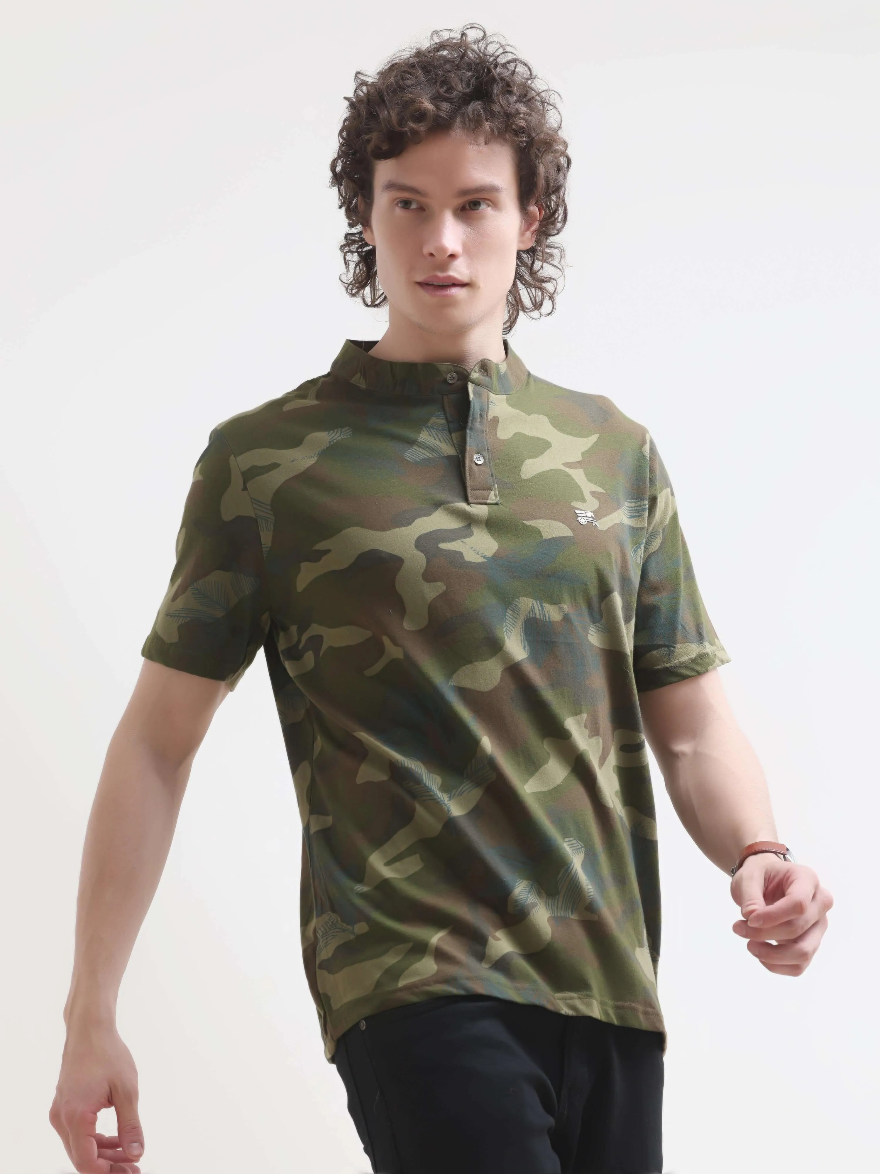 Military camouflage green henley tshirt