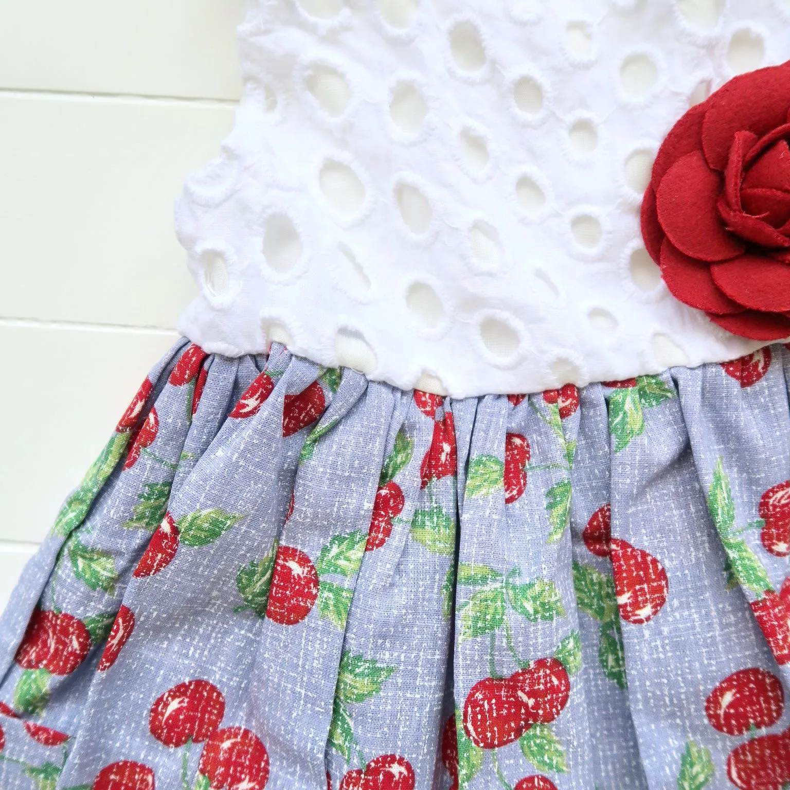 Poppy Dress in White Embroidery and Sky Cherries