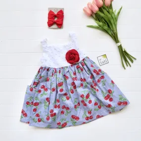 Poppy Dress in White Embroidery and Sky Cherries