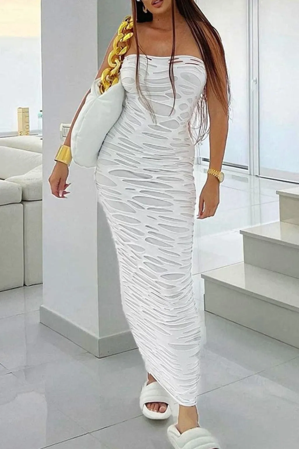 Ripped cutout Sky Siren Maxi Dress-white