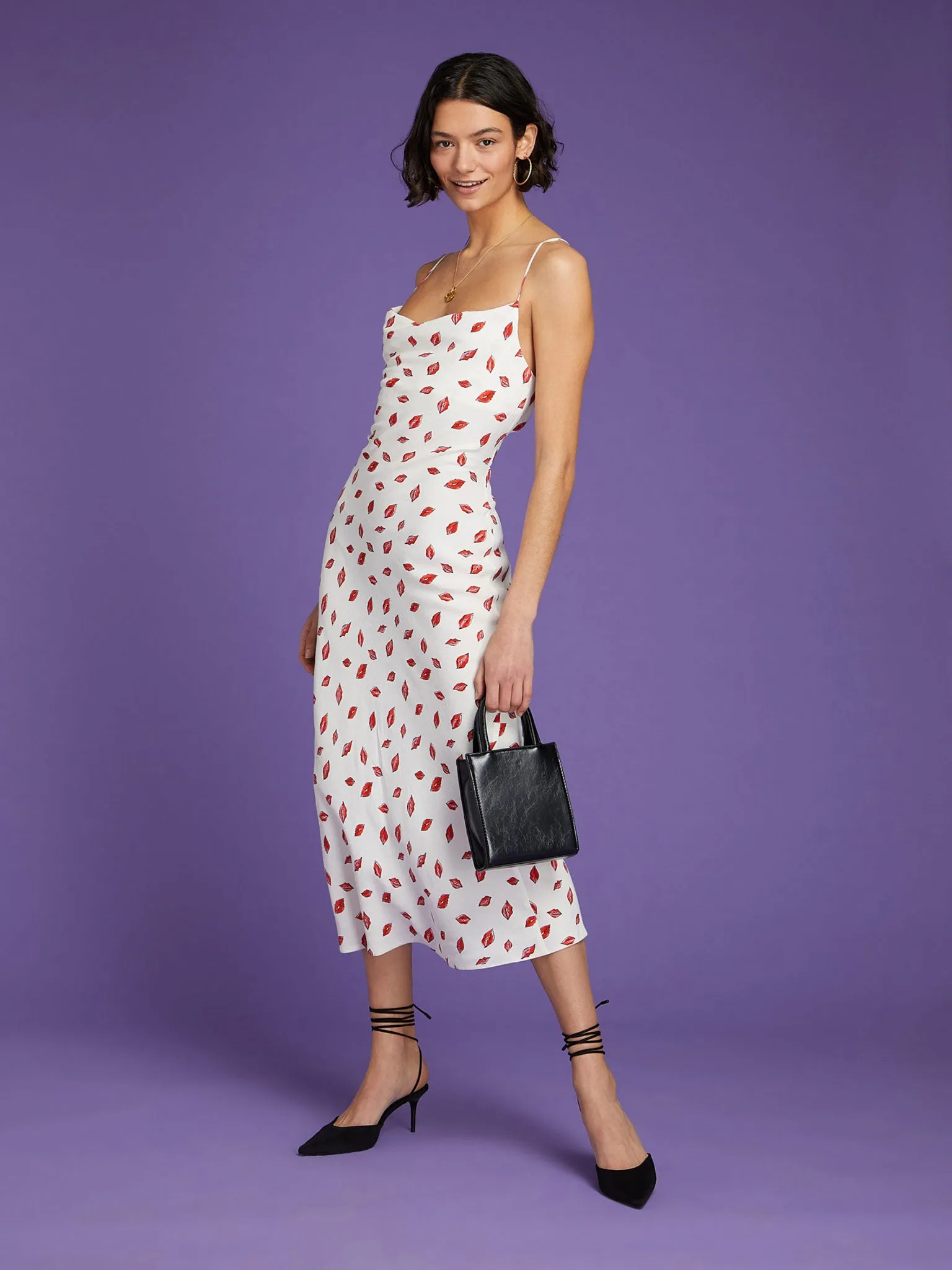 Riviera Midi Dress in White Lips Print