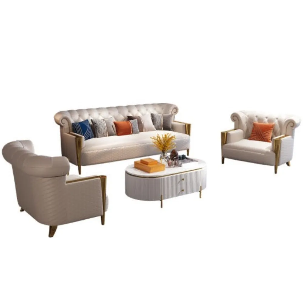 Sisco Premium Chesterfield Sofa Set in White Leatherette