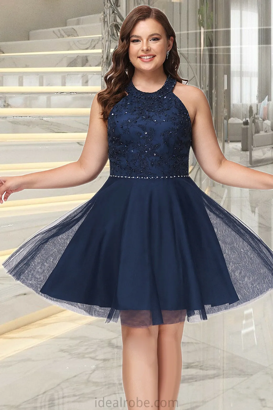 Tess A-line Scoop Short/Mini Lace Tulle Homecoming Dress With Beading STKP0020560