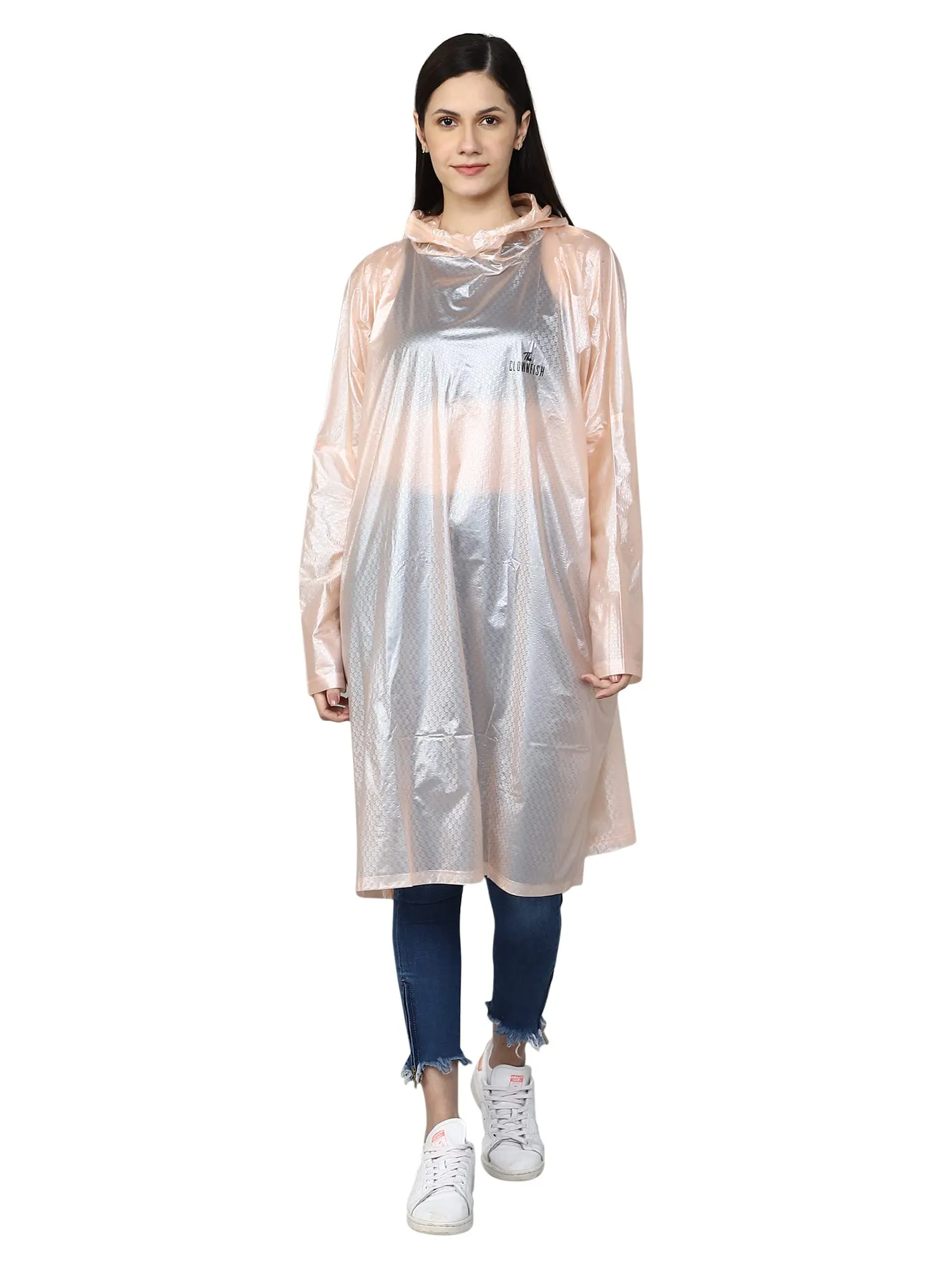 THE CLOWNFISH Avalon Series Womens Waterproof PVC Transparent Self Design Pullover Longcoat/Raincoat with Adjustable Hood (Peach, XX-Large)