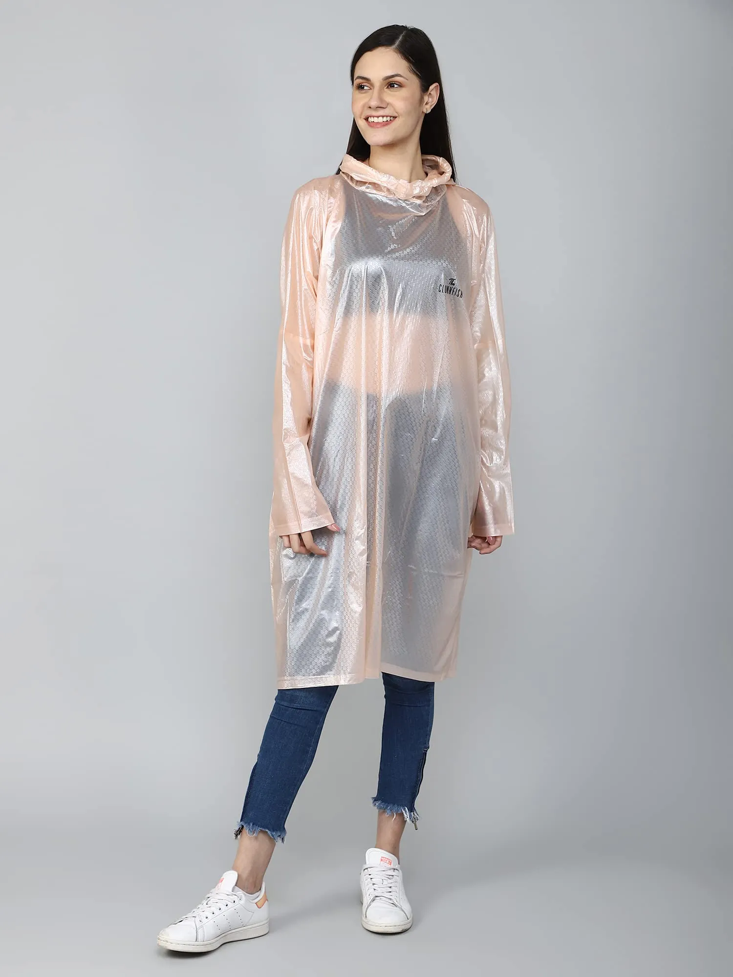 THE CLOWNFISH Avalon Series Womens Waterproof PVC Transparent Self Design Pullover Longcoat/Raincoat with Adjustable Hood (Peach, XX-Large)