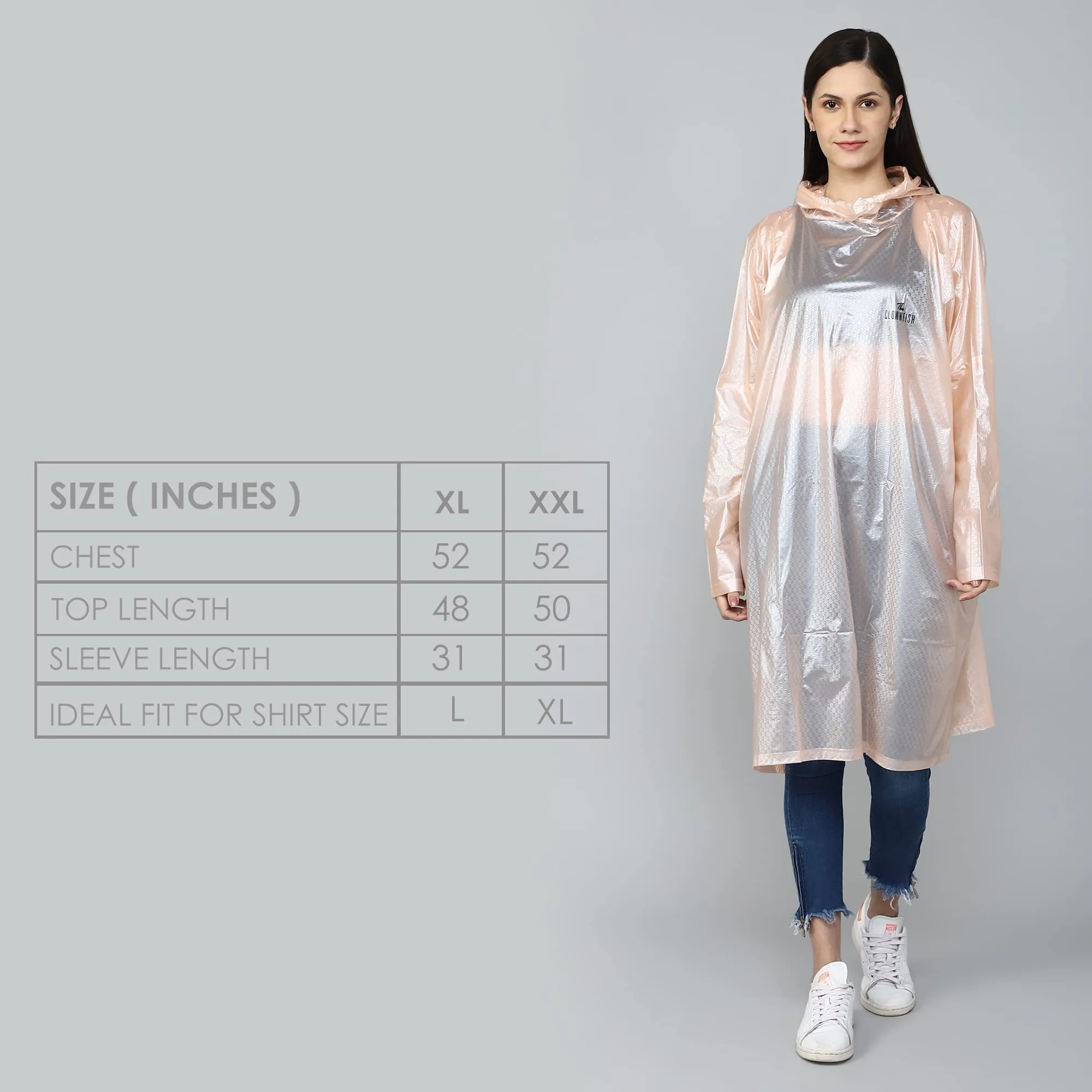 THE CLOWNFISH Avalon Series Womens Waterproof PVC Transparent Self Design Pullover Longcoat/Raincoat with Adjustable Hood (Peach, XX-Large)