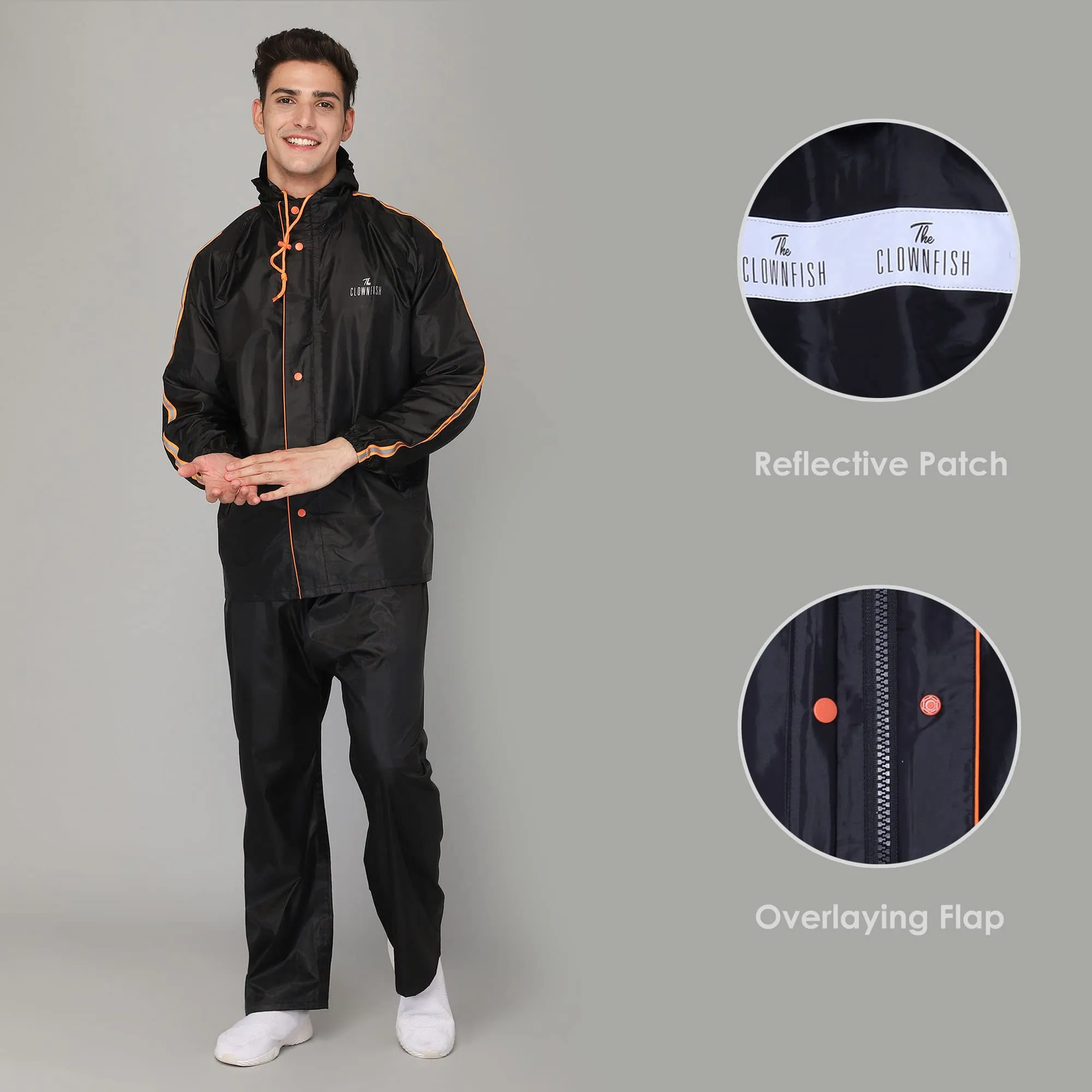 THE CLOWNFISH Bruce Series Men's Waterproof Polyester Raincoat with Hood and Reflector Logo at Back for Night Travelling. Set of Top and Bottom. Printed Plastic Pouch with Rope (Black, X-Large)