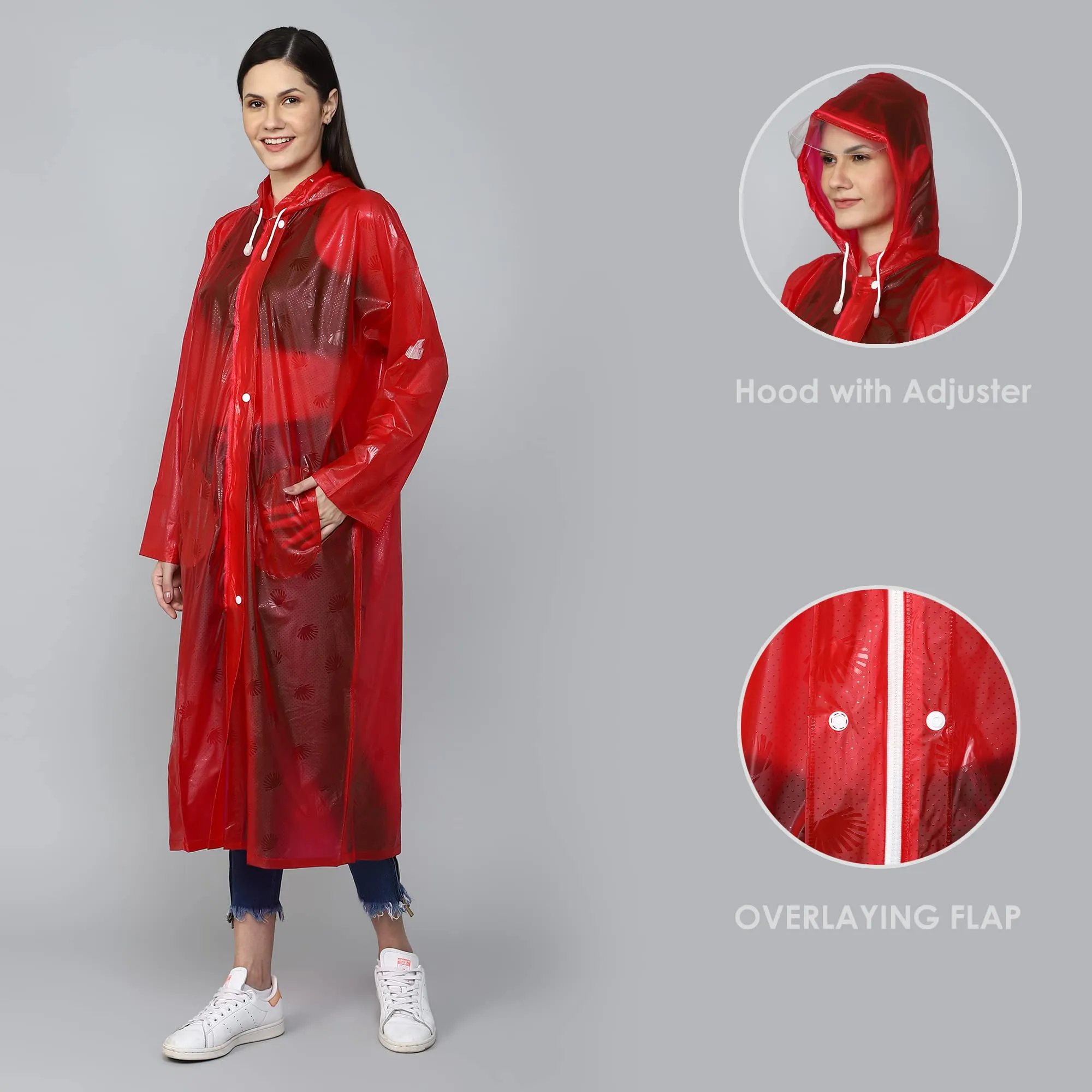 THE CLOWNFISH Cindrella Series Womens Waterproof PVC Self Design Longcoat/Raincoat with Adjustable Hood (Blue, X-Large)