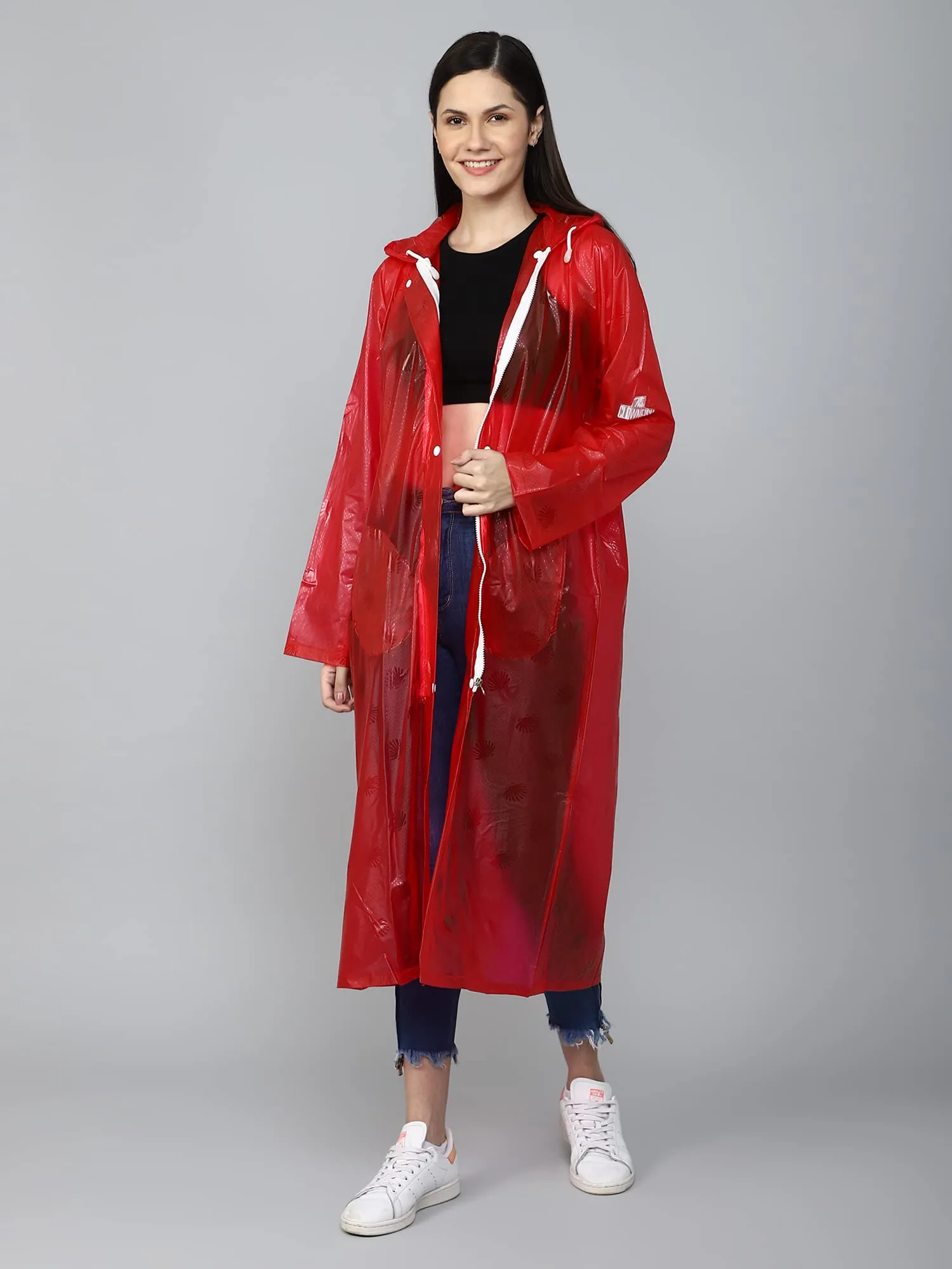 THE CLOWNFISH Cindrella Series Womens Waterproof PVC Self Design Longcoat/Raincoat with Adjustable Hood (Blue, X-Large)