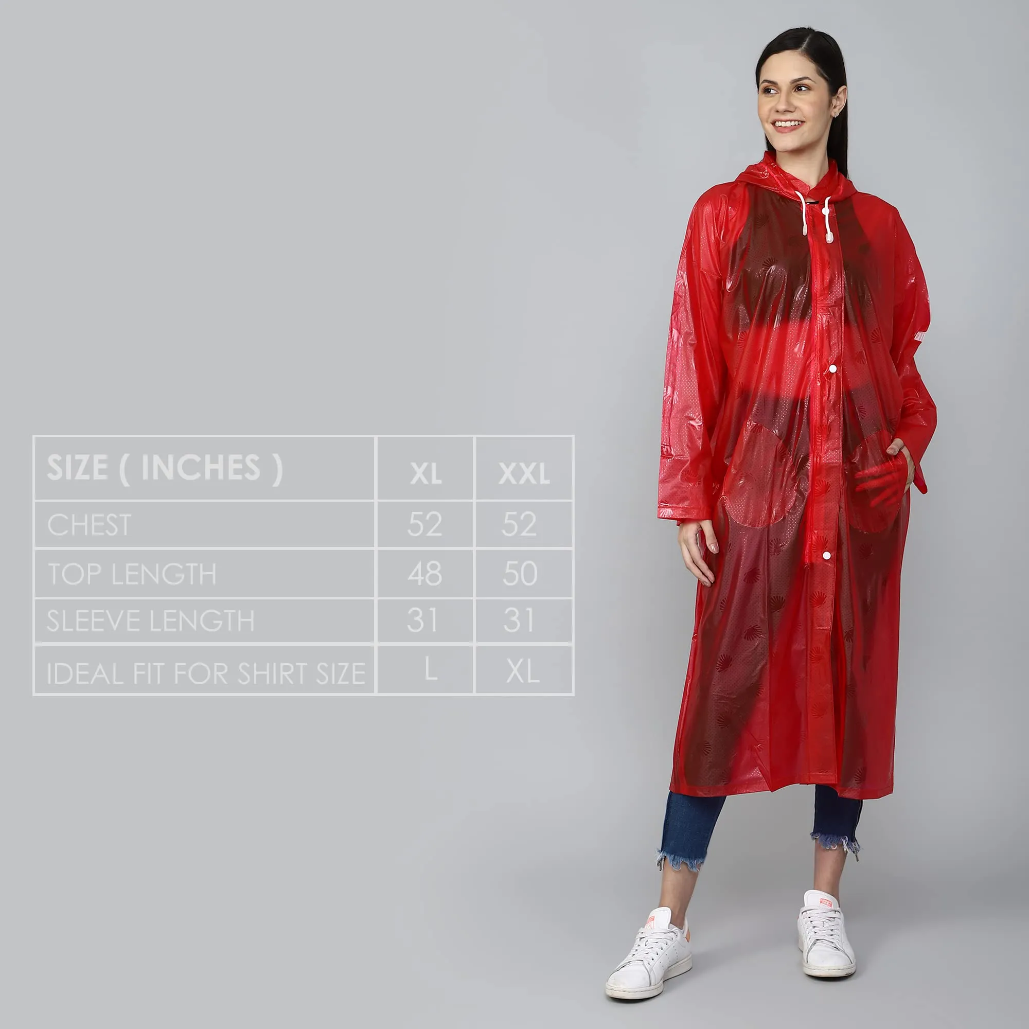 THE CLOWNFISH Cindrella Series Womens Waterproof PVC Self Design Longcoat/Raincoat with Adjustable Hood (Blue, X-Large)