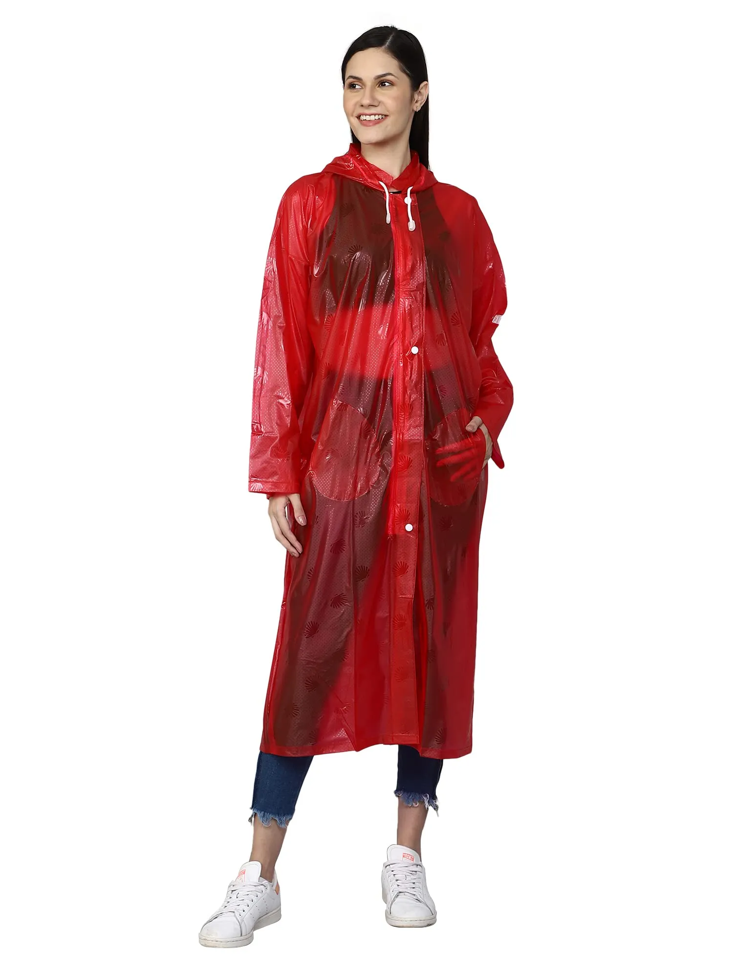 THE CLOWNFISH Cindrella Series Womens Waterproof PVC Self Design Longcoat/Raincoat with Adjustable Hood (Blue, XX-Large)