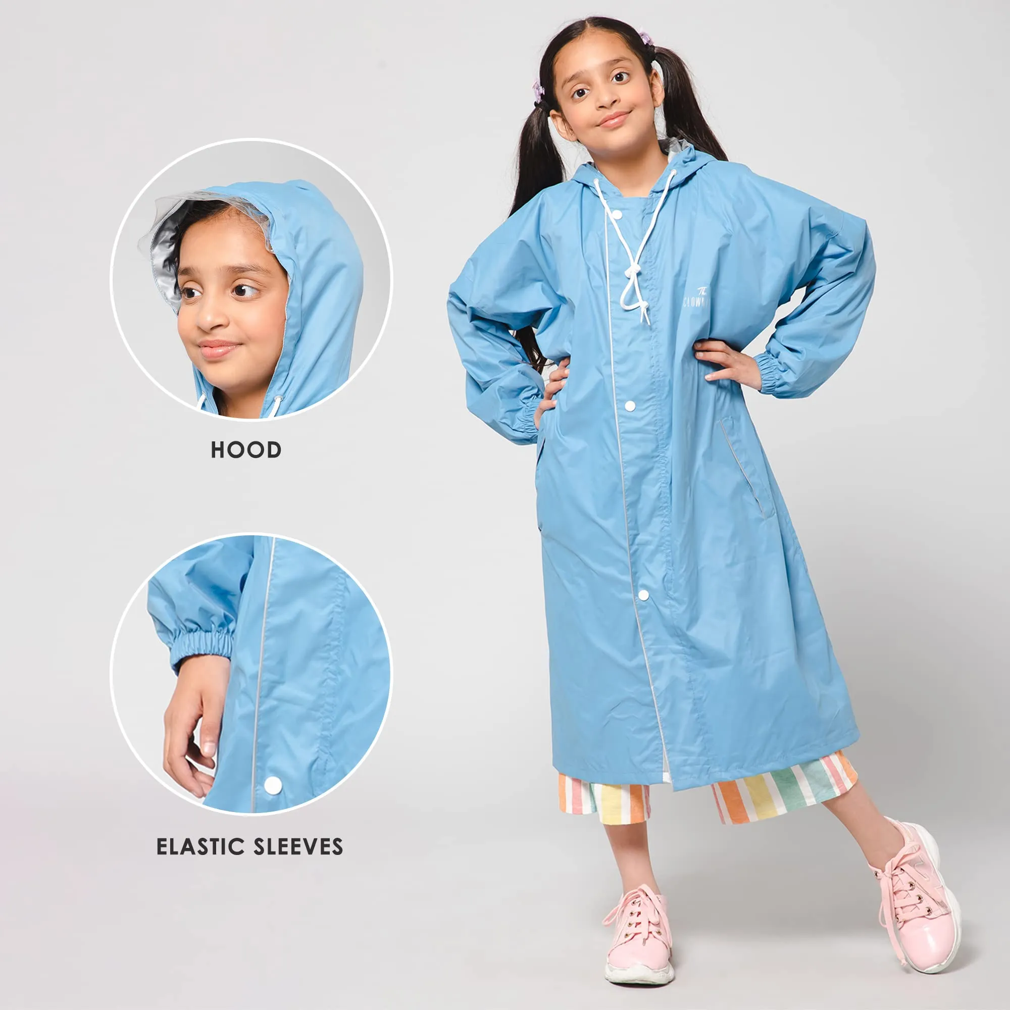 THE CLOWNFISH Cloud Chaser Series Kids Raincoat Waterproof Polyester Double Coating Reversible Longcoat with Hood and Reflector Logo at Back. Printed Plastic Pouch. Kid Age-13-14 years (Skyblue)