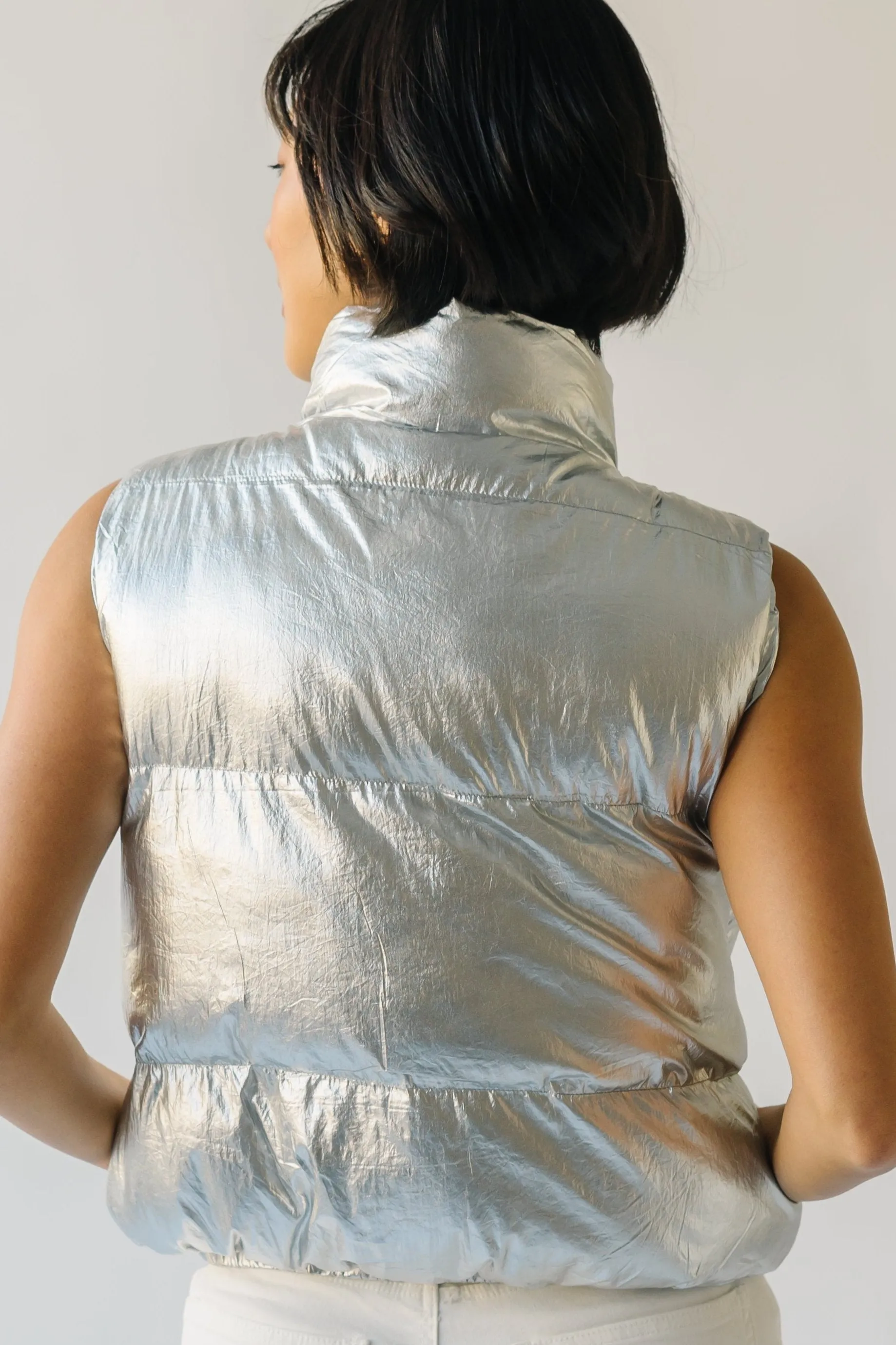 The Galveston Shiny Metallic Puffer Vest in Silver