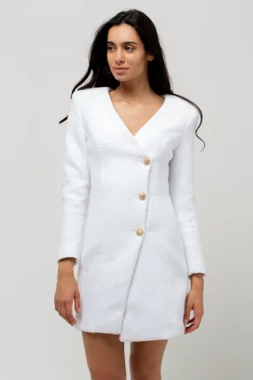 THREE GOLD BUTTON TWEED DRESS WHITE