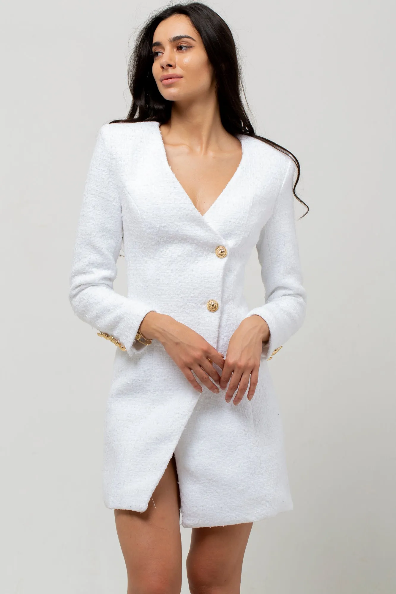 THREE GOLD BUTTON TWEED DRESS WHITE