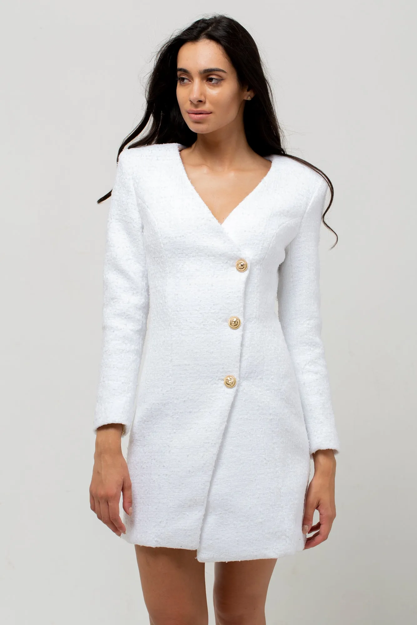 THREE GOLD BUTTON TWEED DRESS WHITE