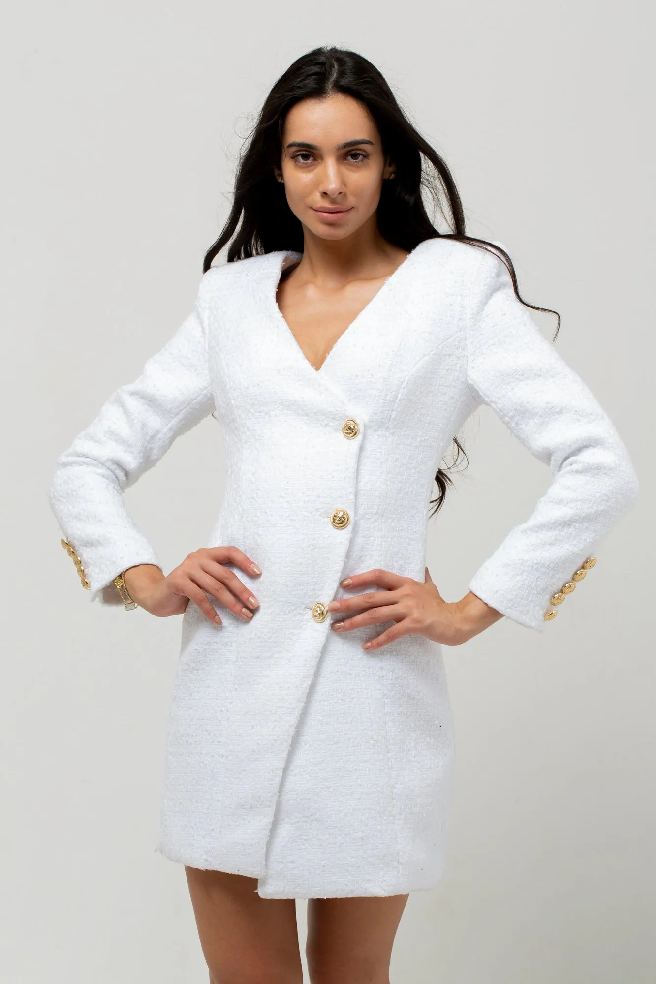 THREE GOLD BUTTON TWEED DRESS WHITE