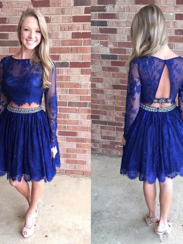 Two Piece Homecoming Dress Lace Long Sleeve Homecoming Dress ER208