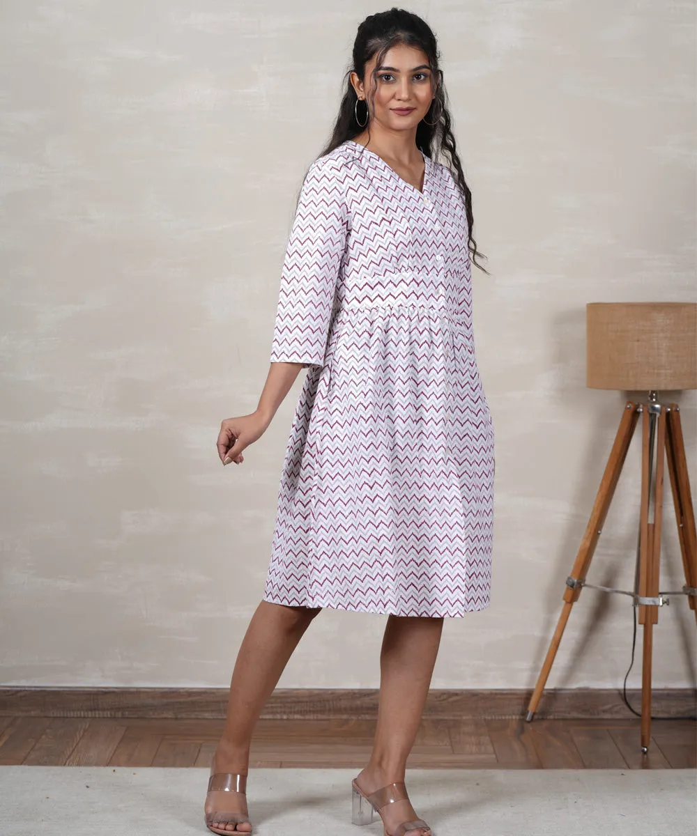 White zig zag hand block printed cotton dress