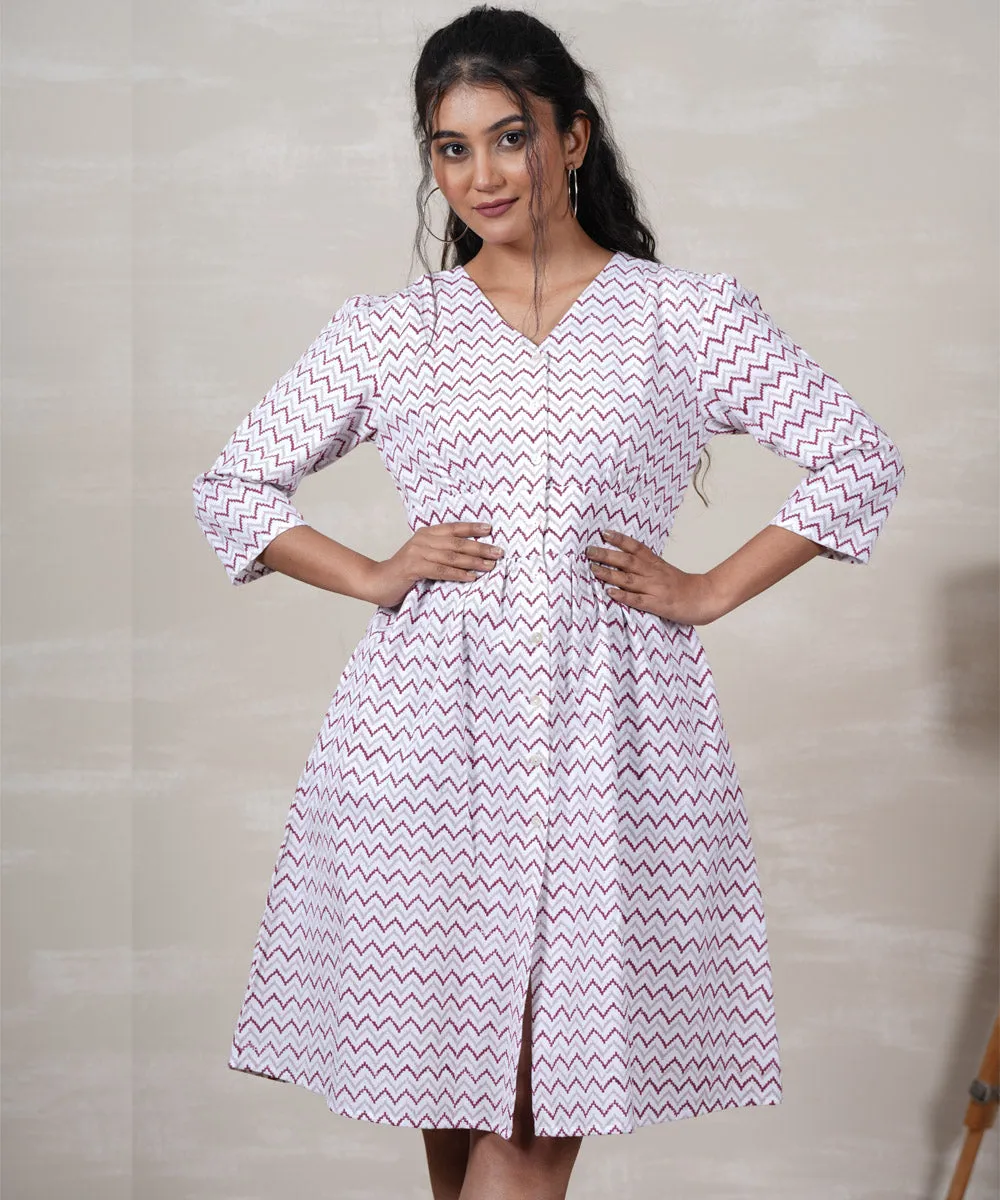 White zig zag hand block printed cotton dress