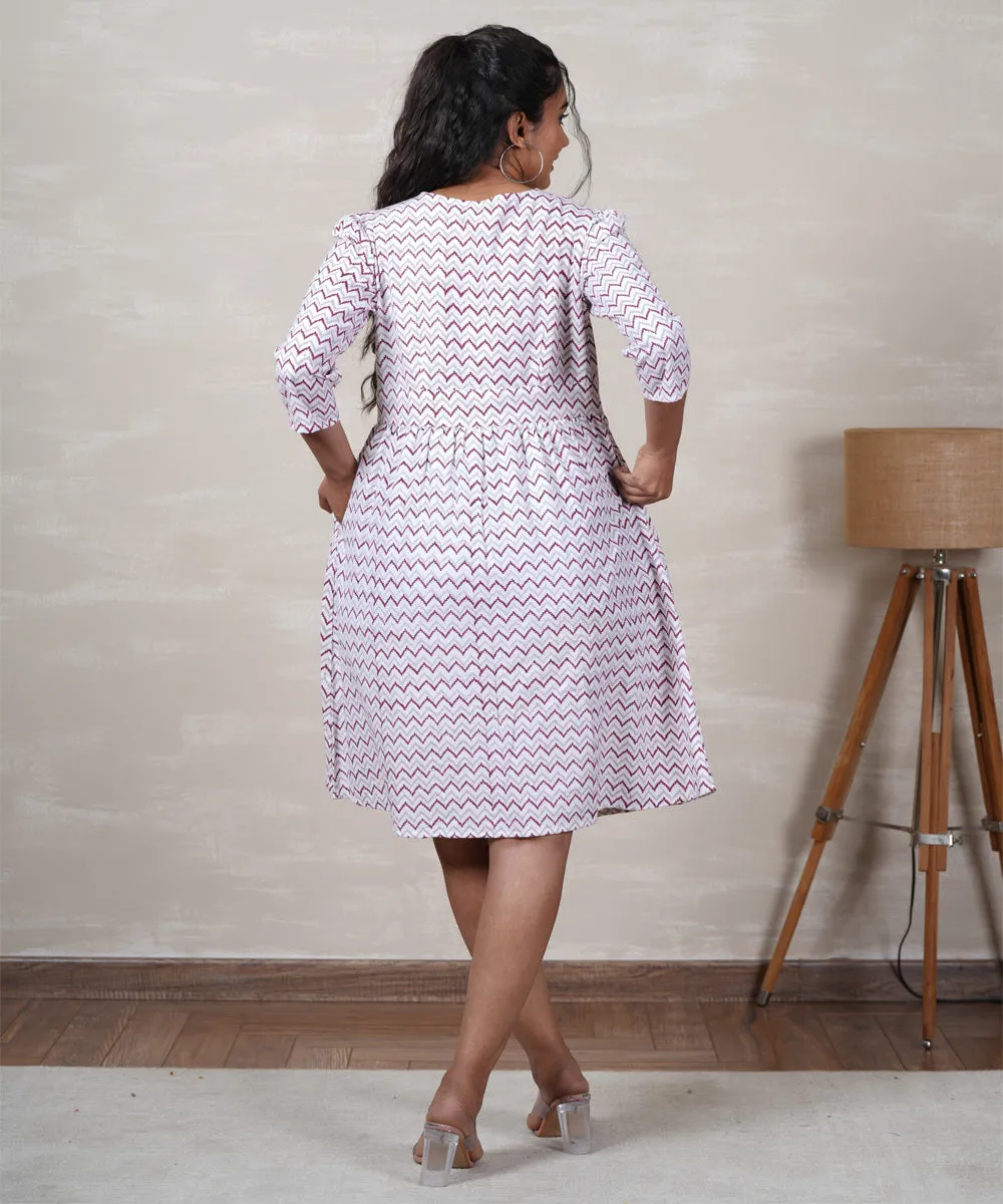 White zig zag hand block printed cotton dress